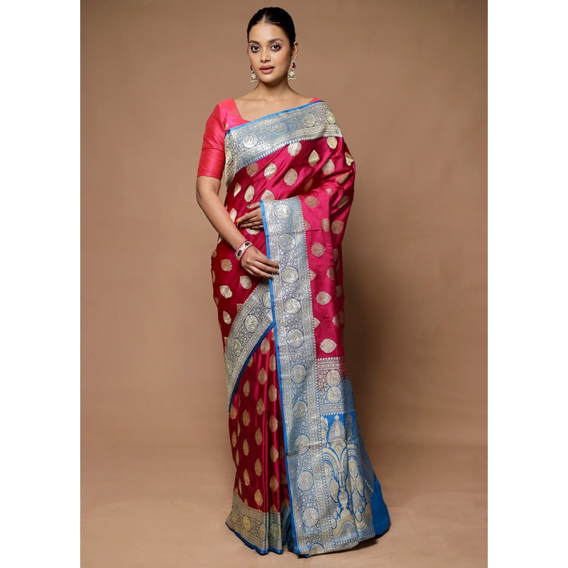 Pink Handloom Banarasi Pure Silk Saree With Blouse Piece - JD986598681