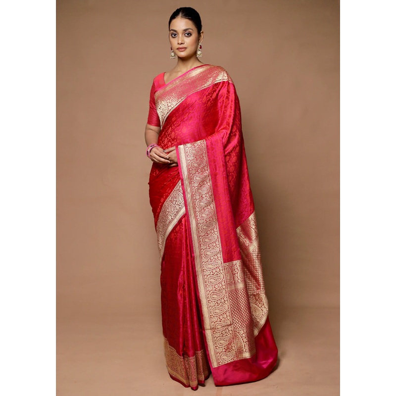 Pink Handloom Tanchoi Pure Silk Saree With Blouse Piece - JD986598678
