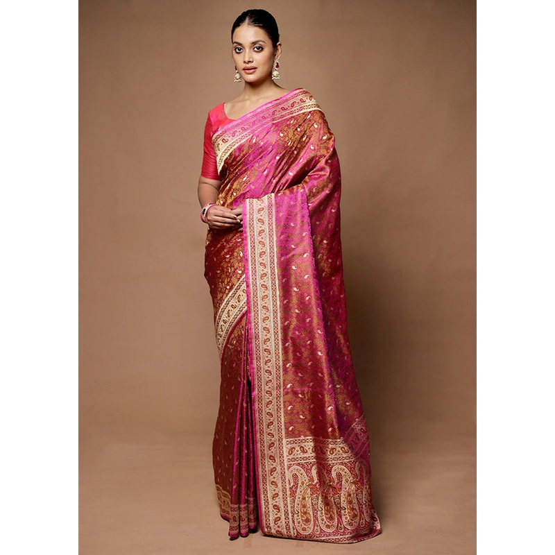 Pink Handloom Tanchoi Pure Silk Saree With Blouse Piece - JD986598679