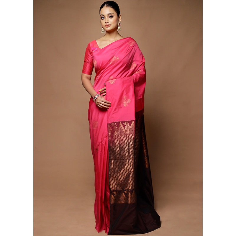 Pink Kanjivaram Silk Saree With Blouse Piece - JD986598676