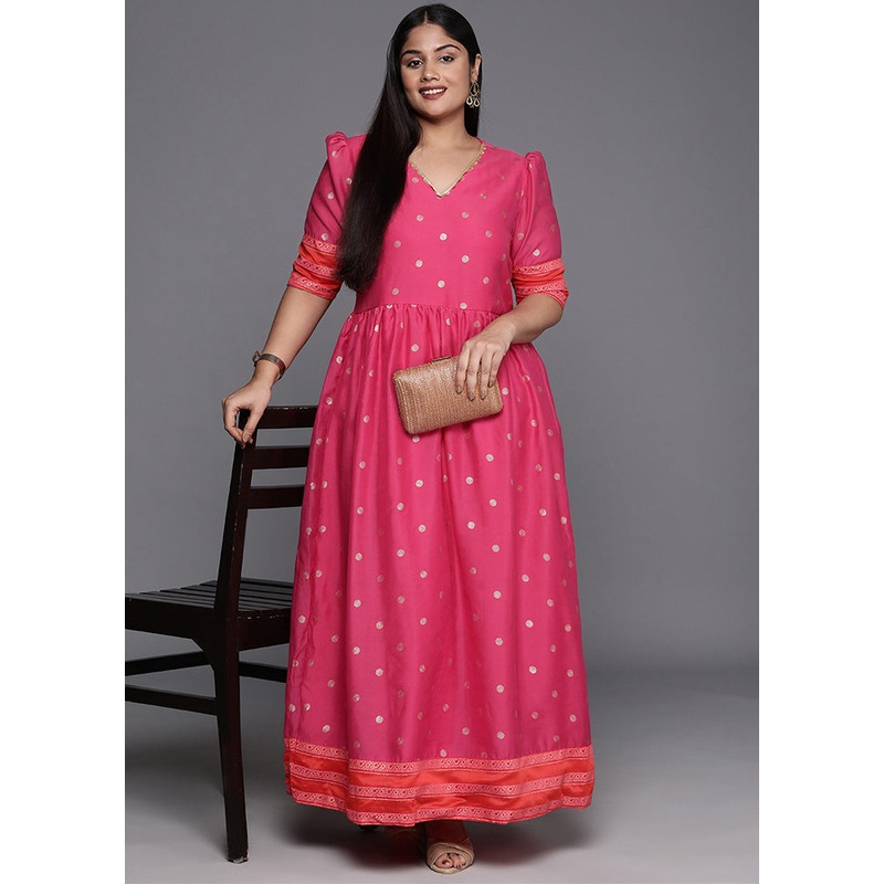 Pink Readymade Chanderi Indian Dress - JD986598764