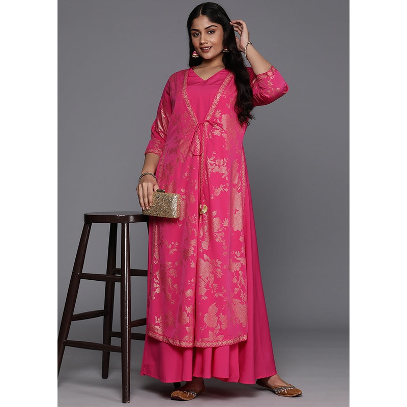 Pink Readymade Silk Indian Dress - JD986598759
