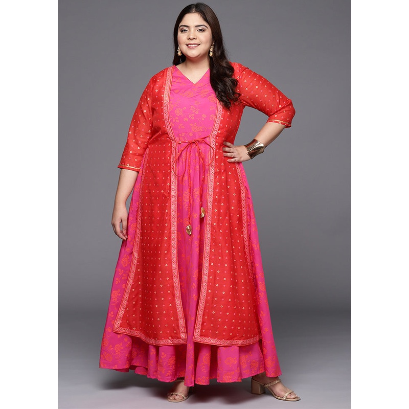 Pink Readymade Silk Indian Dress - JD986598760