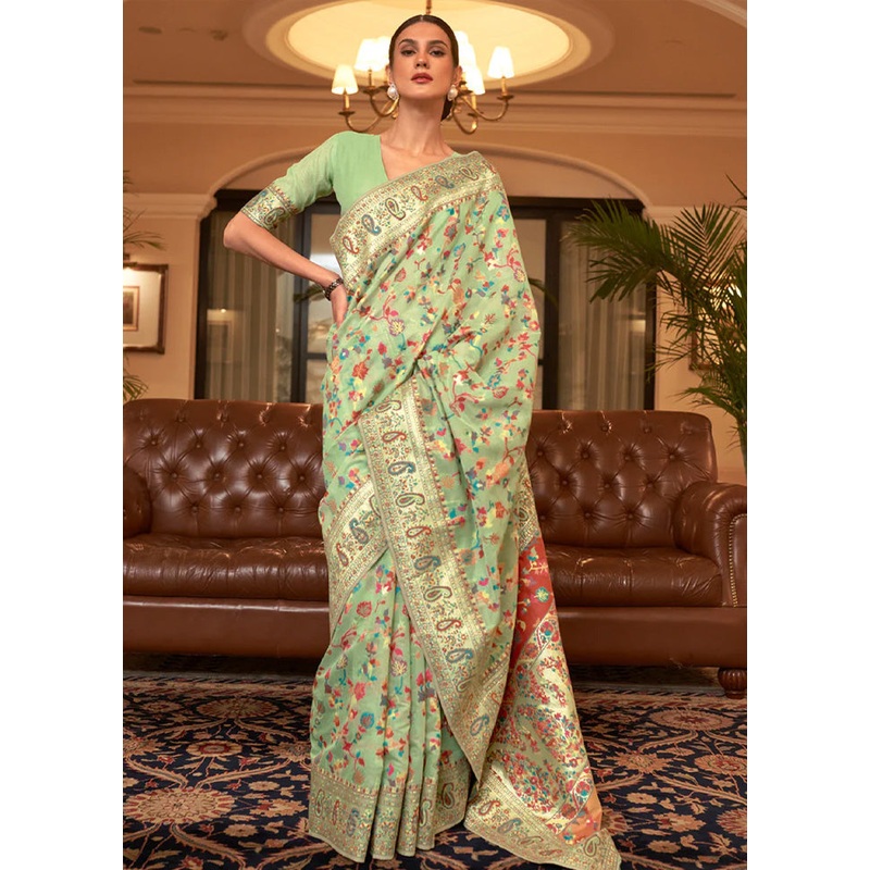 Pista Green Banarasi Silk Saree With Blouse Piece - JD986598656