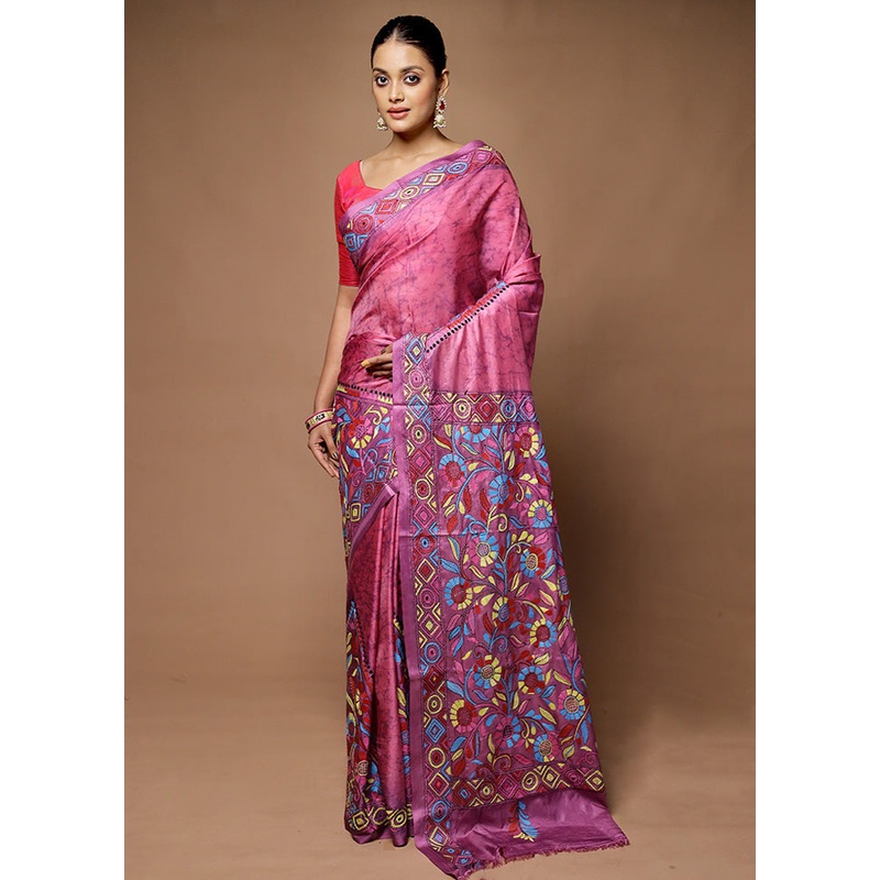 Purple Kantha Stitch Silk Saree With Blouse Piece - JD986598669