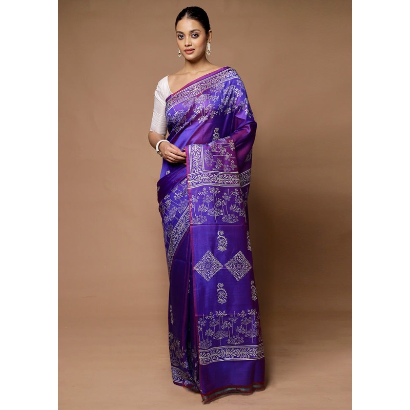 Purple Printed Pure Silk Saree Without Blouse Piece - JD986598666