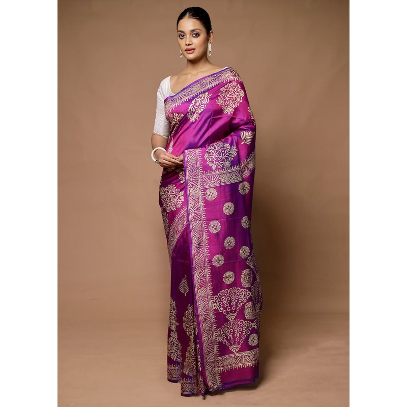 Purple Printed Pure Silk Saree Without Blouse Piece - JD986598667