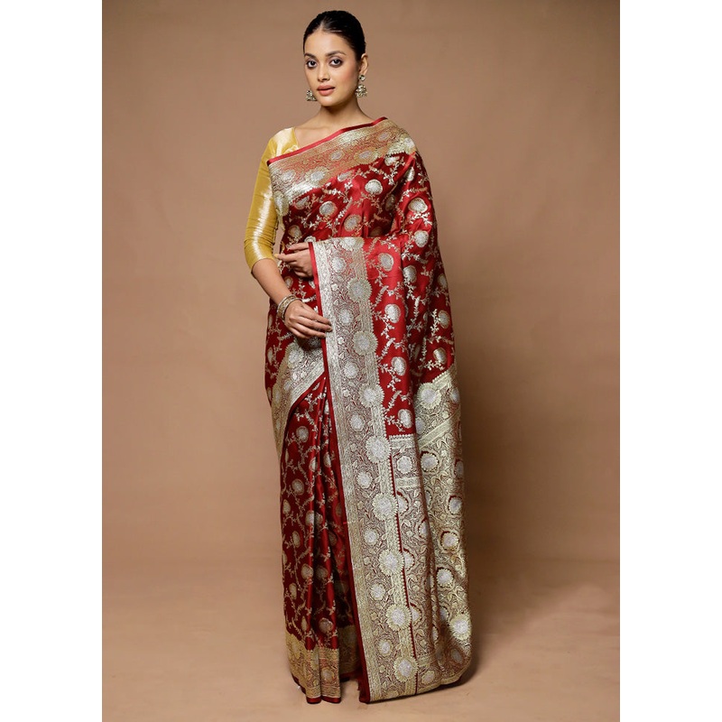 Red Banarasi Silk Saree With Blouse Piece - JD986598665