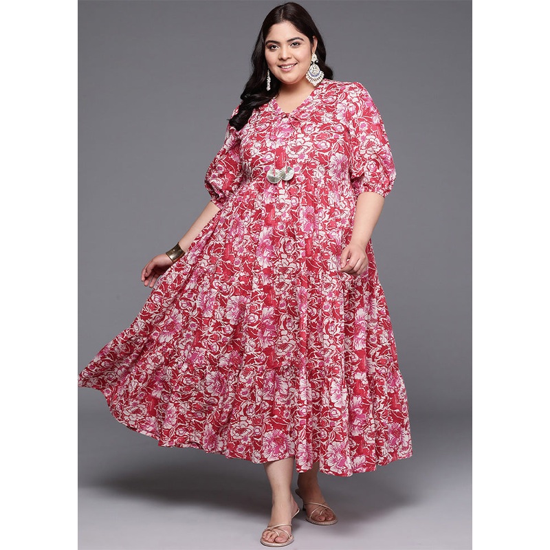 Red Readymade Cotton Indian Dress - JD986598751