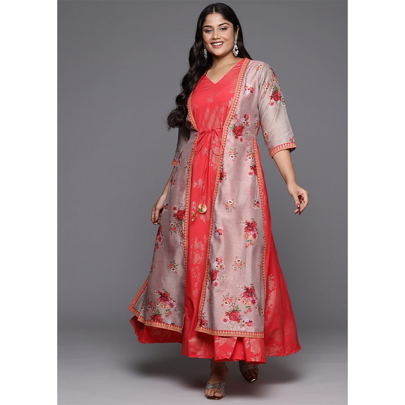 Red Readymade Silk Indian Dress - JD986598748