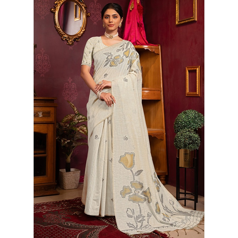 White Pure Cotton Saree With Blouse Piece - JD986598651