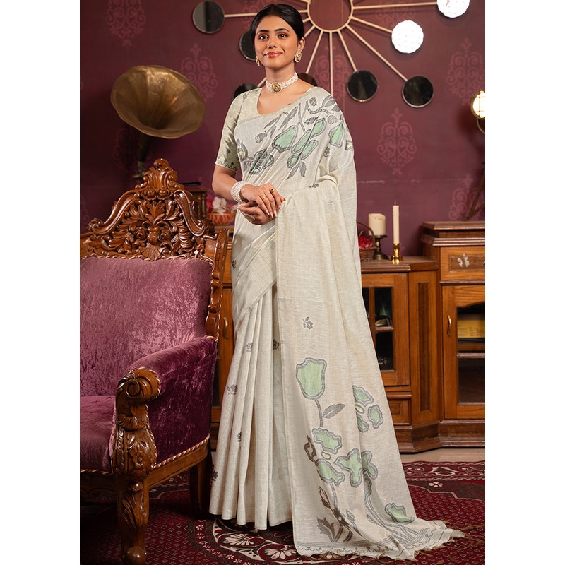 White Pure Cotton Saree With Blouse Piece - JD986598654