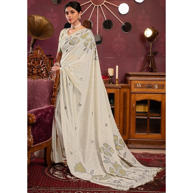 White Pure Cotton Saree With Blouse Piece - JD986598655