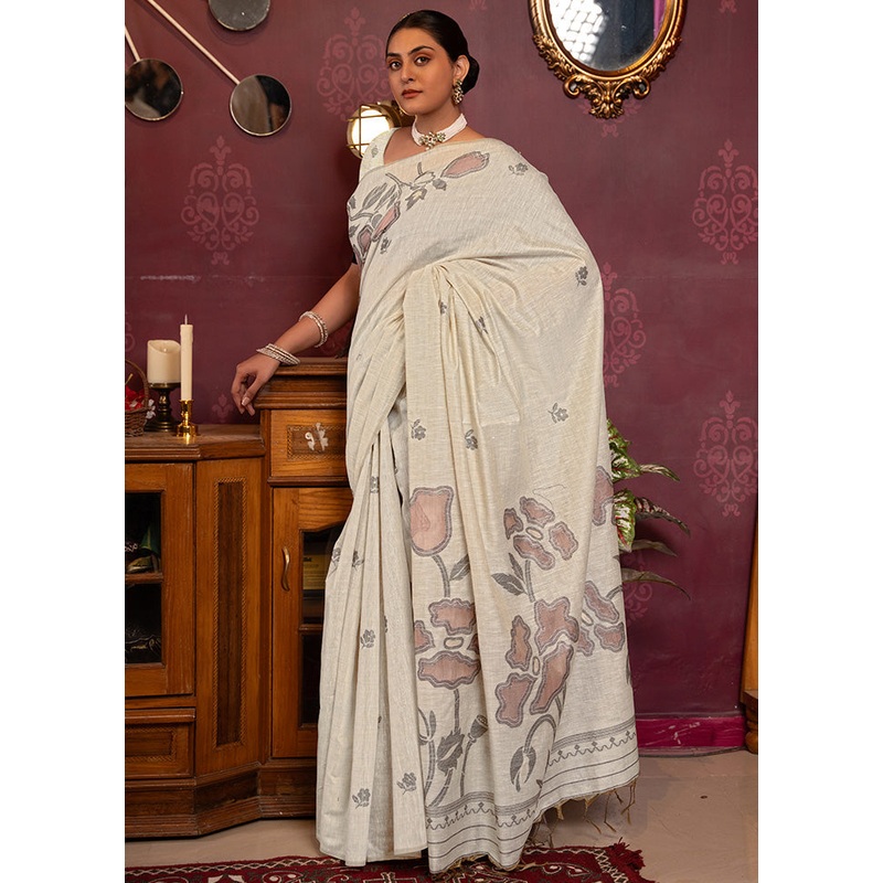 White Pure Cotton Saree With Blouse Piece - JD986598657