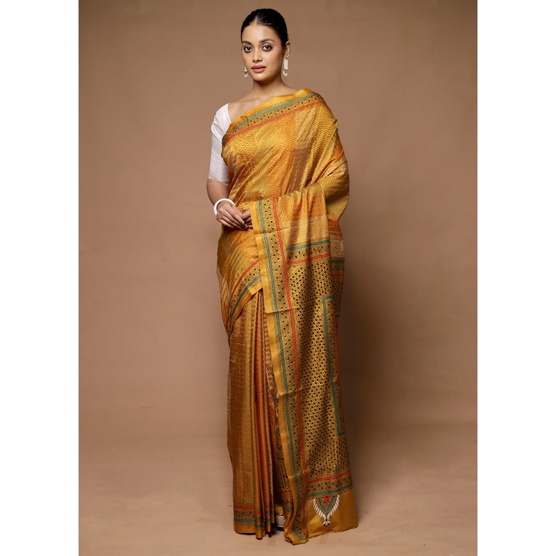 Yellow Handloom Kantha Stitch Pure Silk Saree With Blouse Piece - JD986598663