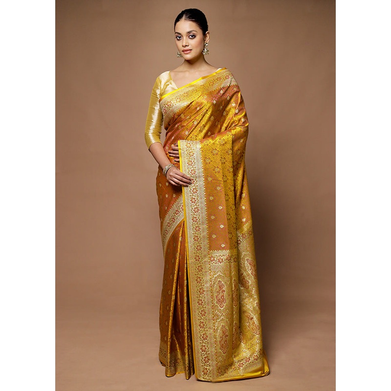 Yellow Handloom Tanchoi Pure Silk Saree With Blouse Piece - JD986598662