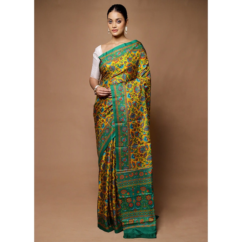 Yellow Printed Pure Silk Saree Without Blouse Piece - JD986598661