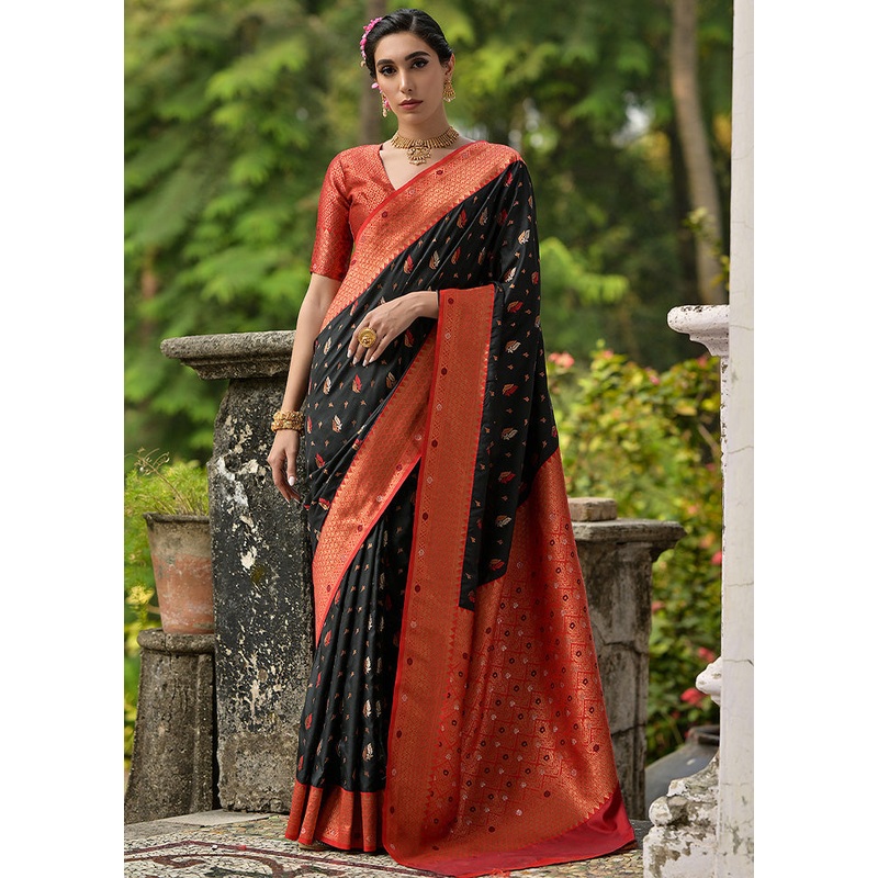 Black Banarasi Silk Saree With Blouse Piece - JD986598555