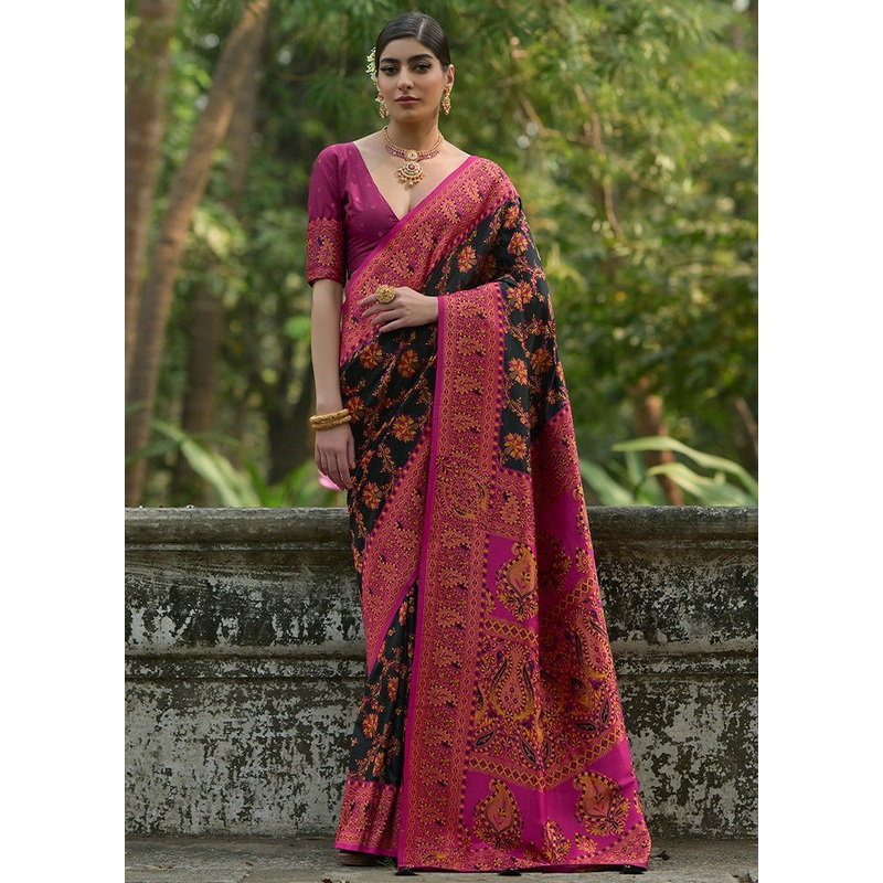 Black Pasmina Silk Saree With Blouse Piece - JD986598554