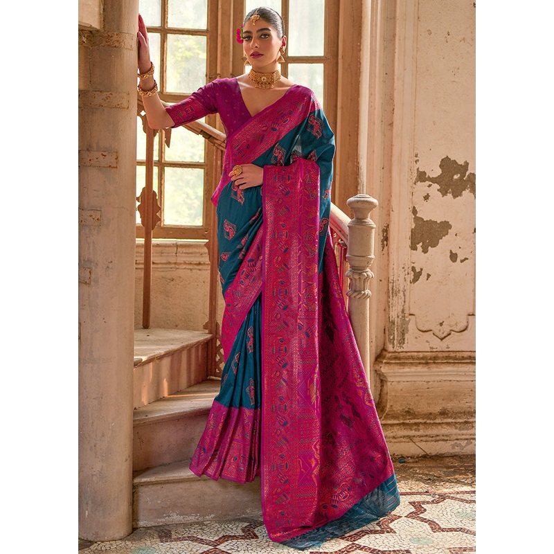 Blue Banarasi Silk Saree With Blouse Piece - JD986598553