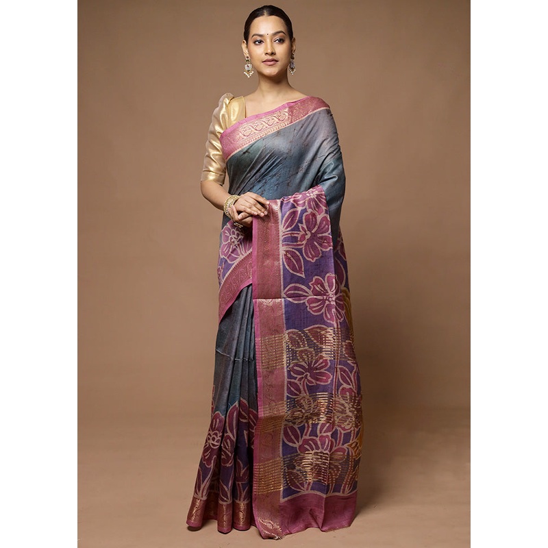 Grey Tussar Silk Saree With Blouse Piece - JD986598603
