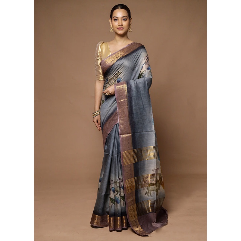 Grey Tussar Silk Saree With Blouse Piece - JD986598604