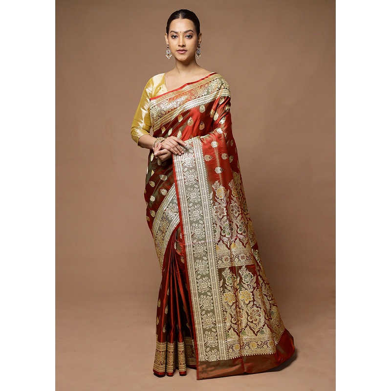 Maroon Handloom Banarasi Pure Silk Saree With Blouse Piece - JD986598600