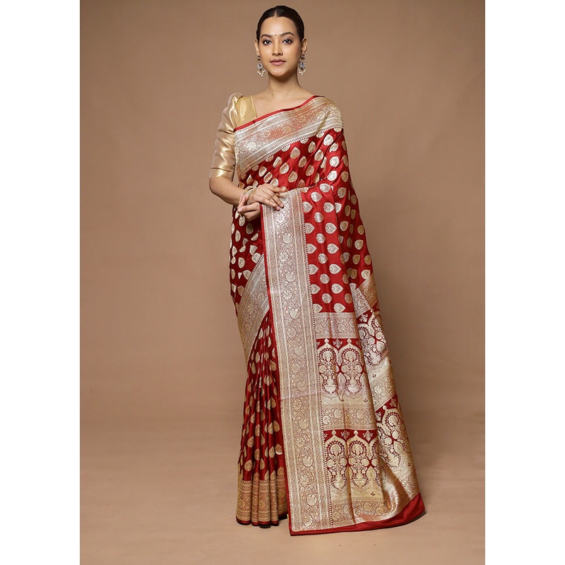 Maroon Handloom Banarasi Pure Silk Saree With Blouse Piece - JD986598601