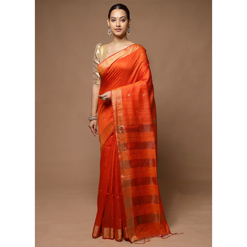 Orange Handloom Matka Pure Silk Saree With Blouse Piece - JD986598598