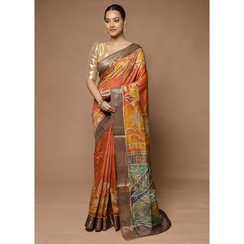 Orange Tussar Silk Saree With Blouse Piece - JD986598593