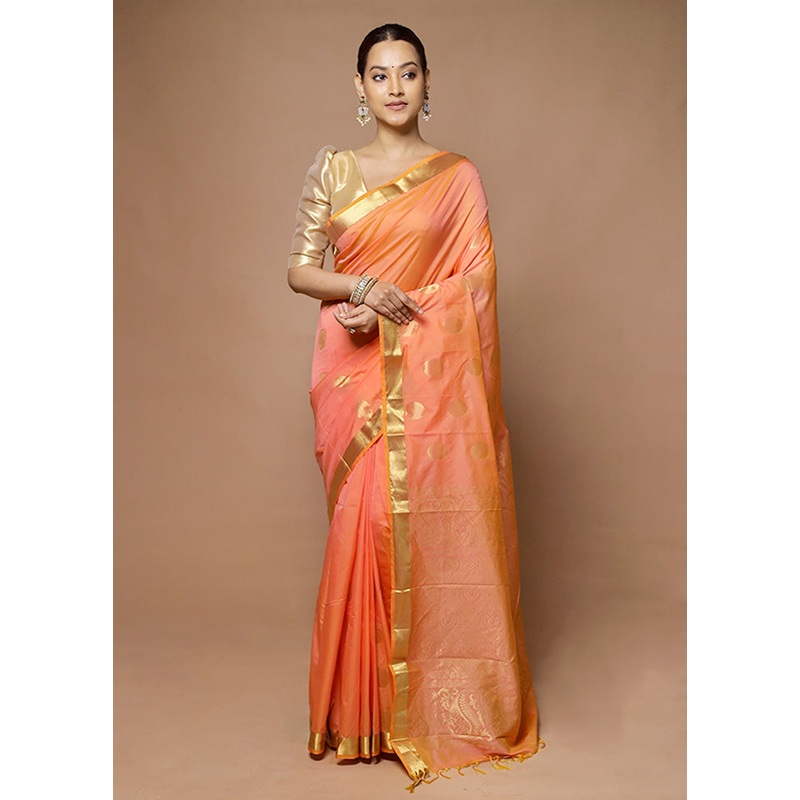 Peach Kanjivaram Silk Saree With Blouse Piece - JD986598592