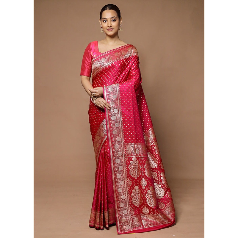 Pink Banarasi Silk Saree With Blouse Piece - JD986598585