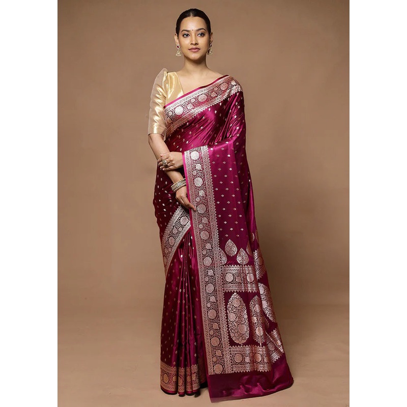 Pink Banarasi Silk Saree With Blouse Piece - JD986598587
