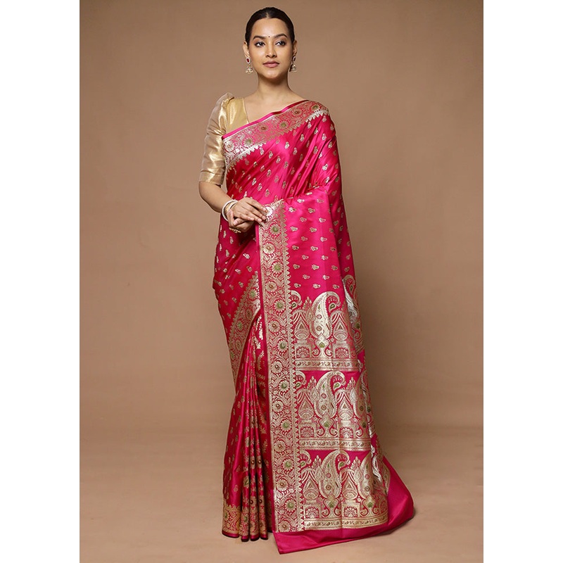 Pink Banarasi Silk Saree With Blouse Piece - JD986598589