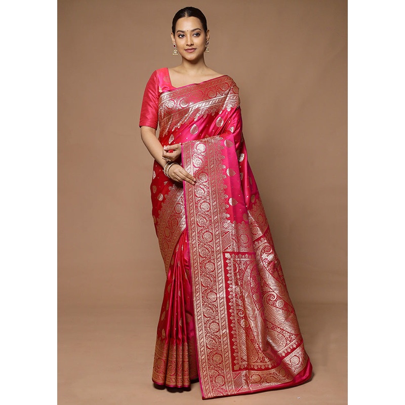 Pink Banarasi Silk Saree With Blouse Piece - JD986598590