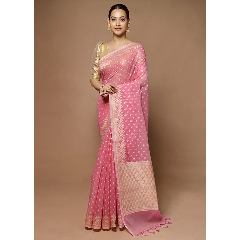 Pink Kora Silk Saree With Blouse Piece - JD986598581