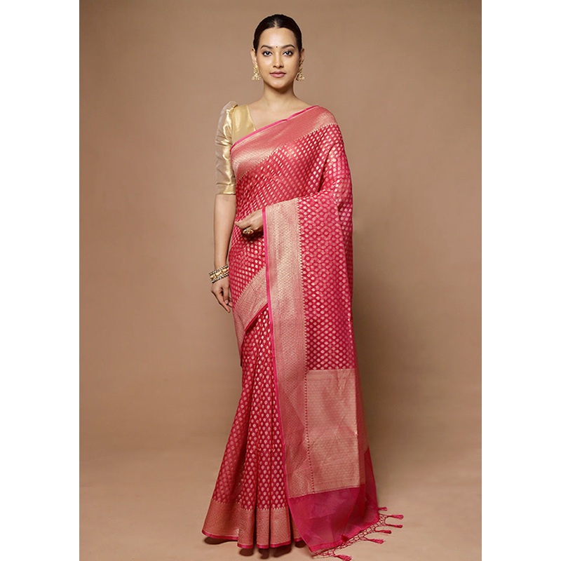 Pink Kora Silk Saree With Blouse Piece - JD986598582