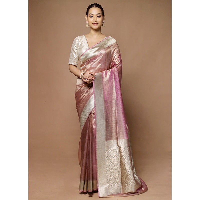 Pink Tissue Silk Saree With Blouse Piece - JD986598576