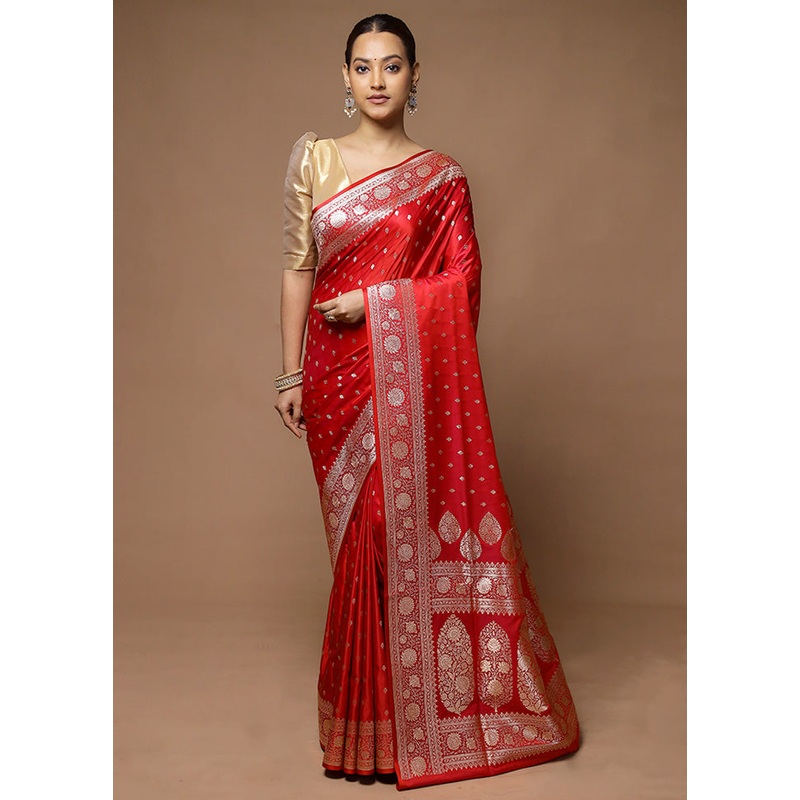 Red Banarasi Silk Saree With Blouse Piece - JD986598568