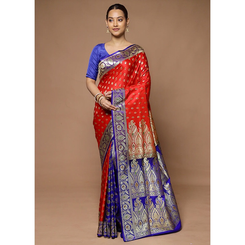 Red Banarasi Silk Saree With Blouse Piece - JD986598569