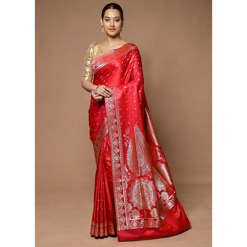 Red Banarasi Silk Saree With Blouse Piece - JD986598570