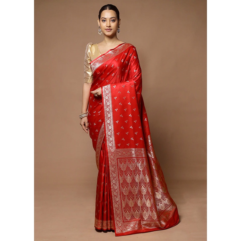 Red Banarasi Silk Saree With Blouse Piece - JD986598571