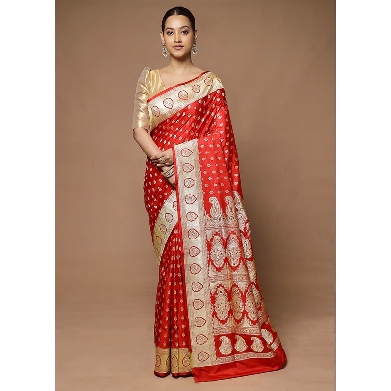 Red Handloom Banarasi Pure Silk Saree With Blouse Piece - JD986598567