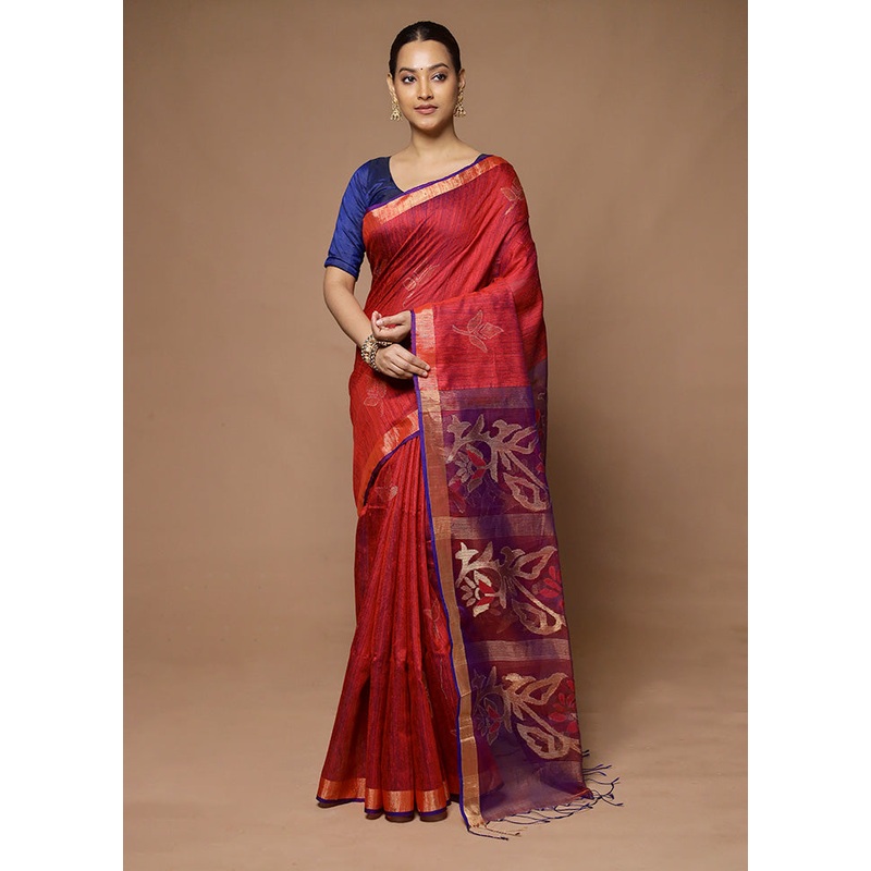 Red Handloom Matka Pure Silk Saree With Blouse Piece - JD986598566