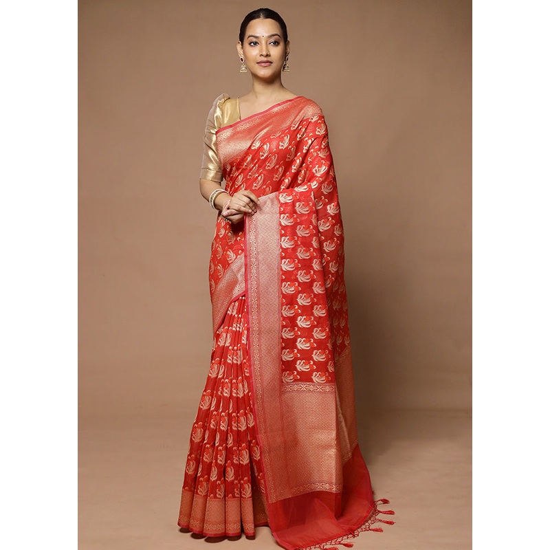Red Kora Silk Saree With Blouse Piece - JD986598563