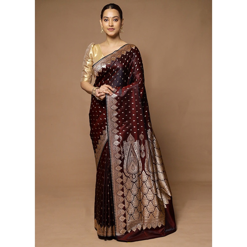 Wine Banarasi Silk Saree With Blouse Piece - JD986598561