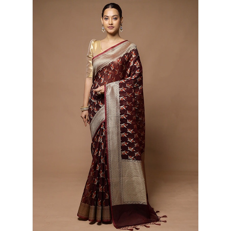 Wine Kora Silk Saree With Blouse Piece - JD986598559