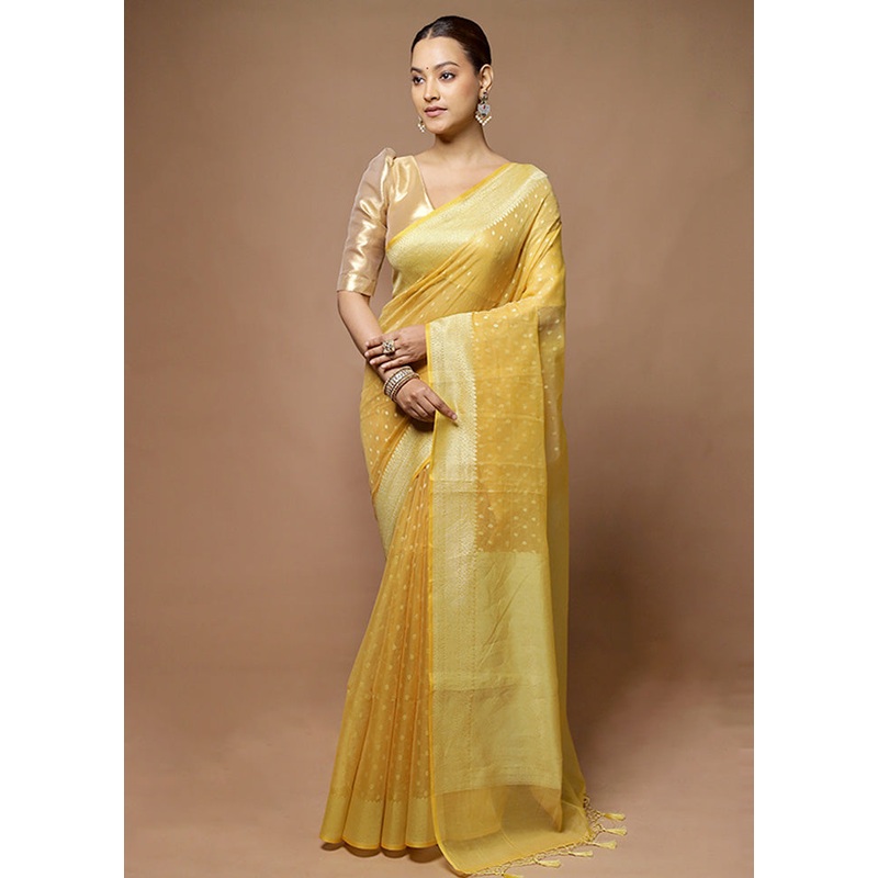 Yellow Kora Silk Saree With Blouse Piece - JD986598556